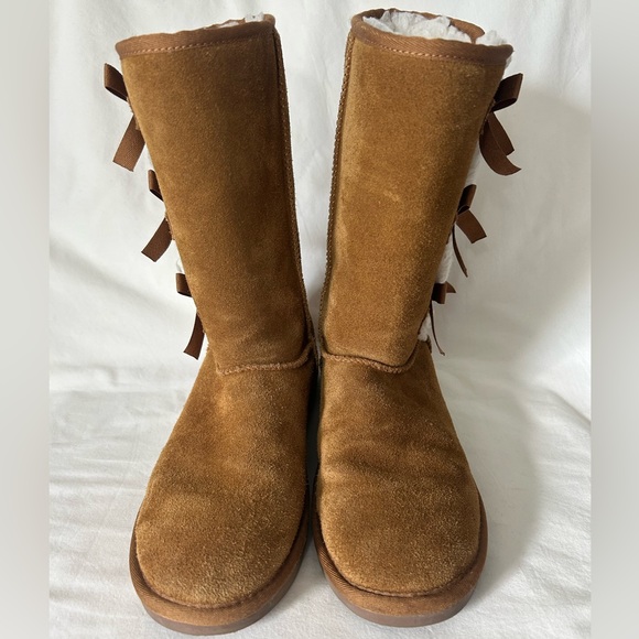 UGG Boots Koolaburra Suede Calf High Bows Tan Suede Winter Slip On (Runs Big 6) - Picture 2 of 15